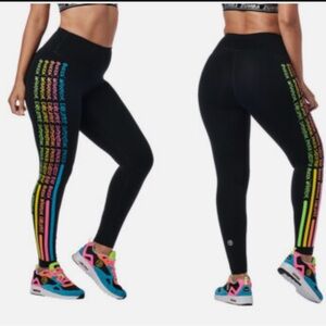 Zumba Fitness Black High-Waist Leggings with Neon Rainbow Side Panels